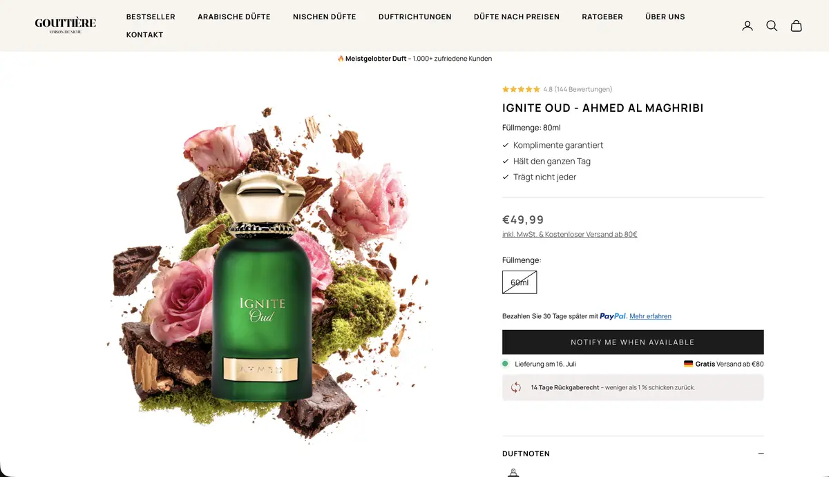 Parfumerie Gouttiere – Website, Desktop-Ansicht